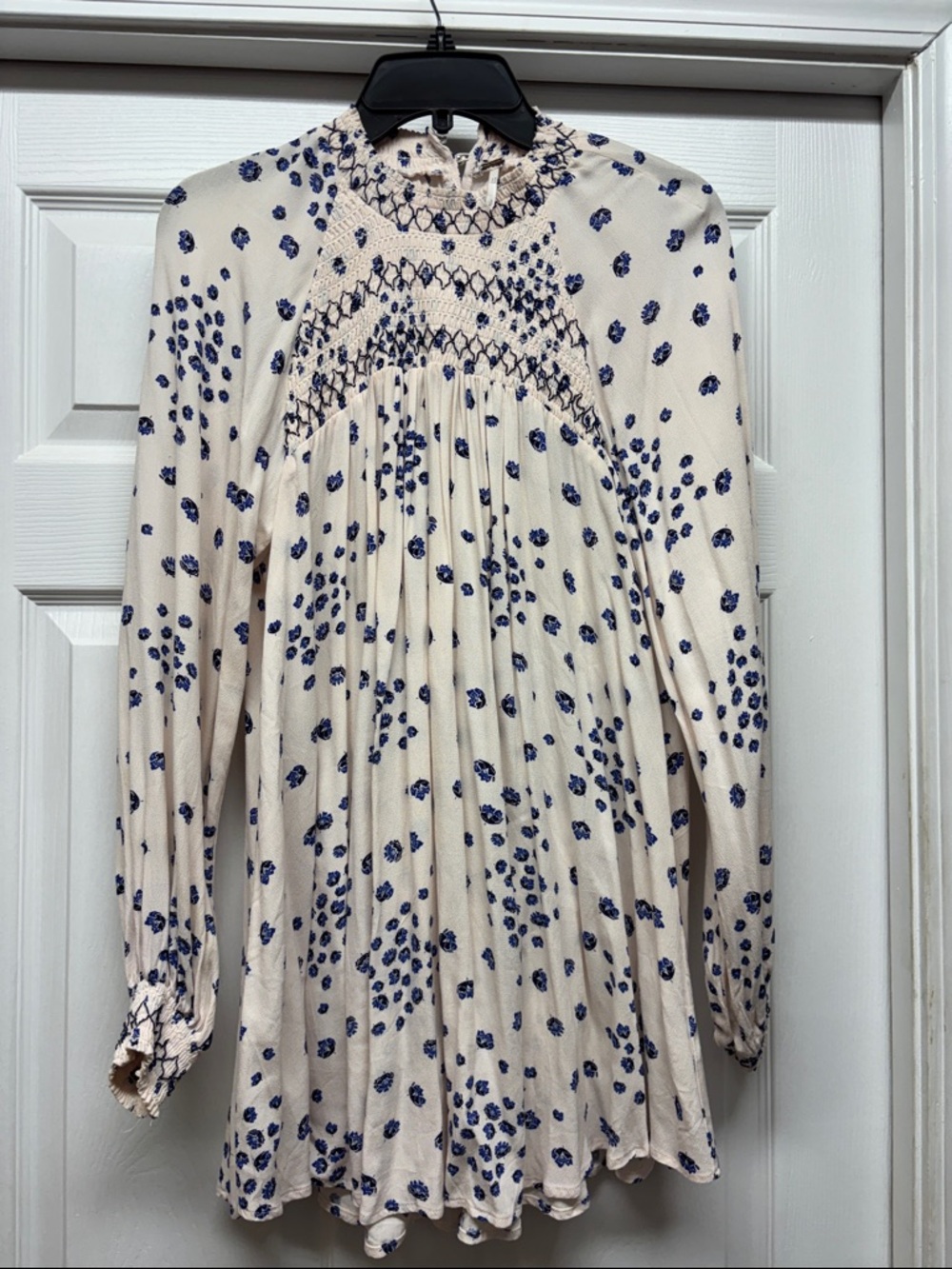 Free People Blush Boho Smocked Long Sleeve Tunic with Blue Floral Print Small